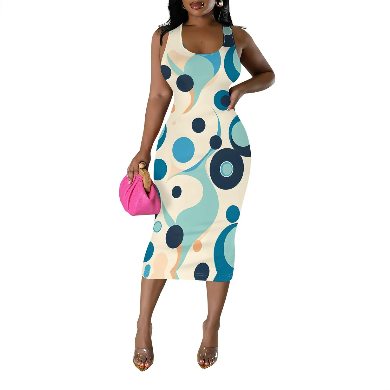 Women's Sexy Bodycon Tank Floral Print Dress Summer Pencil Sleeveless Basic Midi Dresses Party Club Beach Sundresses