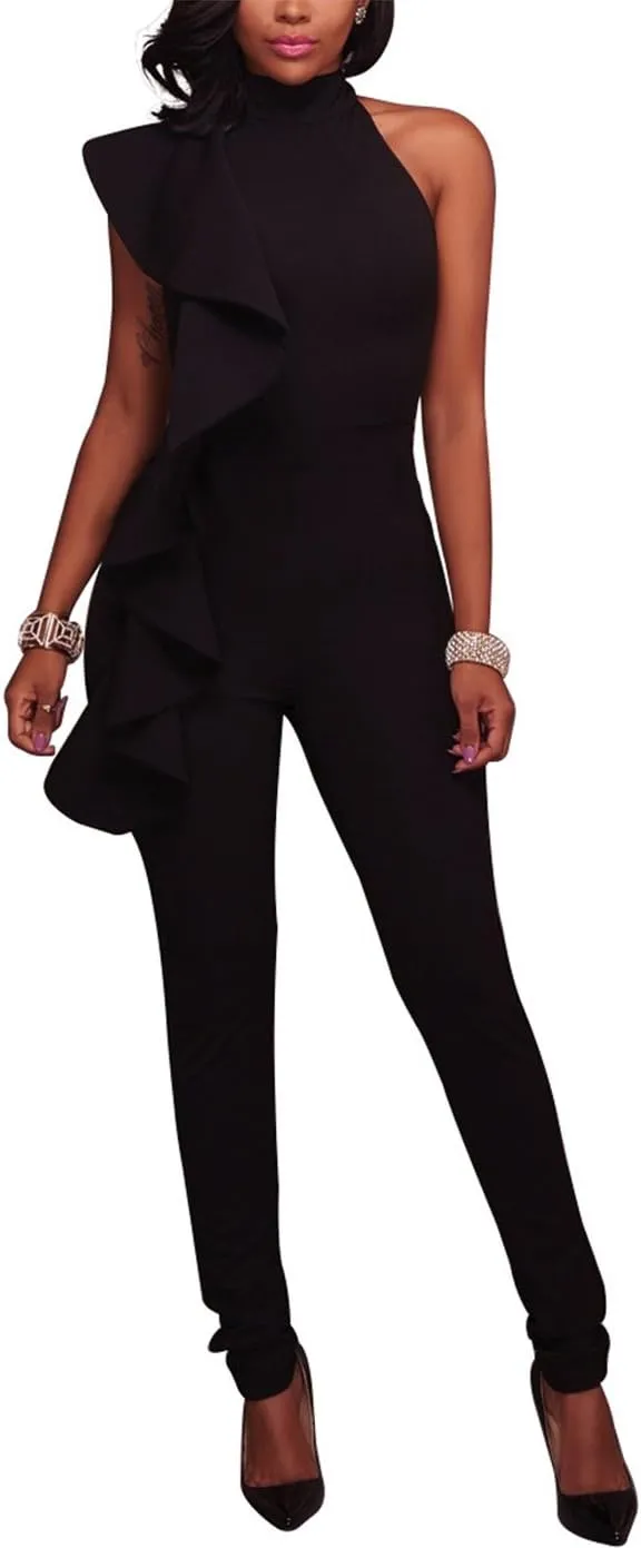 Women's Sexy Thin Ruffle Strapless High Waist Clubwear Long Wide Leg Pants Jumpsuit Rompers