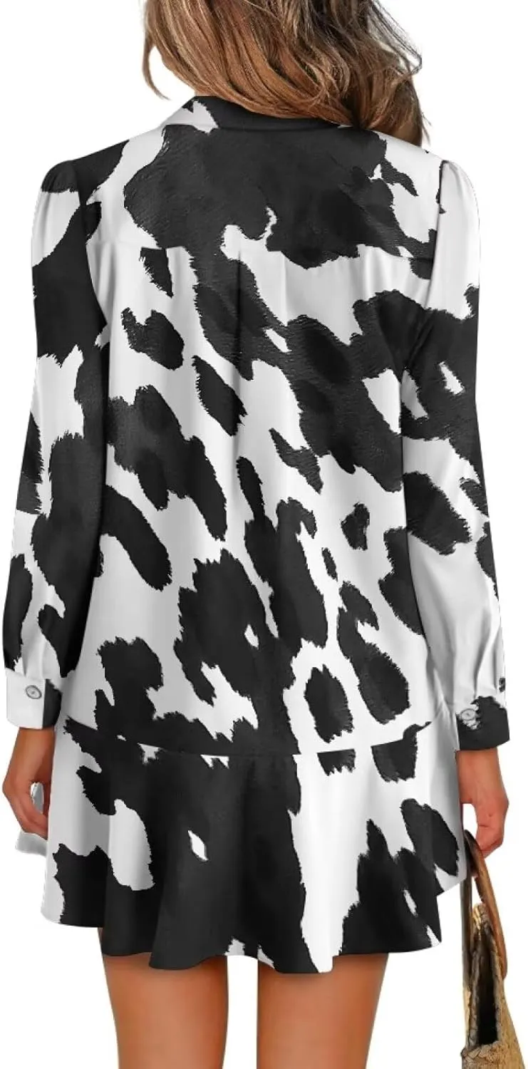 Women's Shirt Dress Long Sleeve Button Down Tunic Ruffle Shift Mini Dresses Loose Casual Work Dresses with Pockets