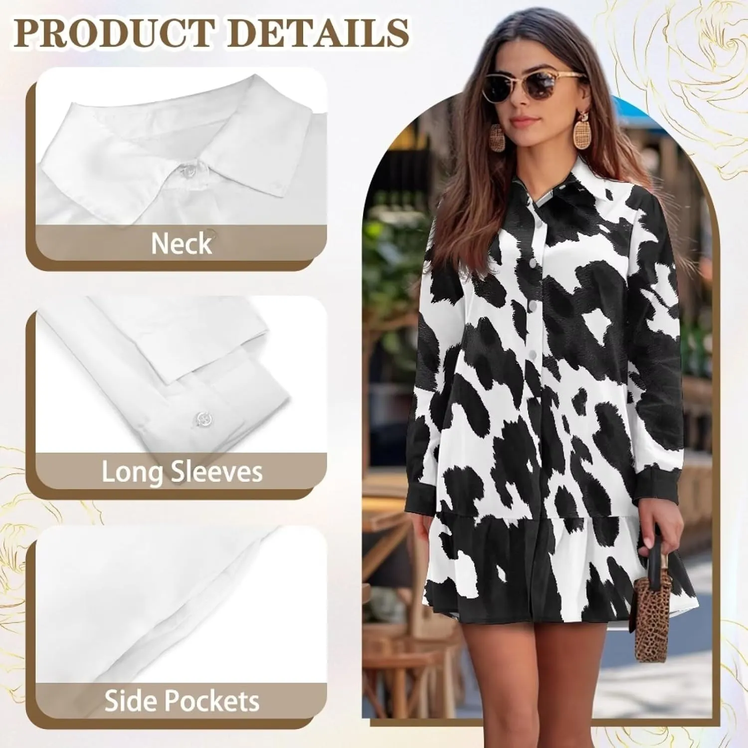 Women's Shirt Dress Long Sleeve Button Down Tunic Ruffle Shift Mini Dresses Loose Casual Work Dresses with Pockets