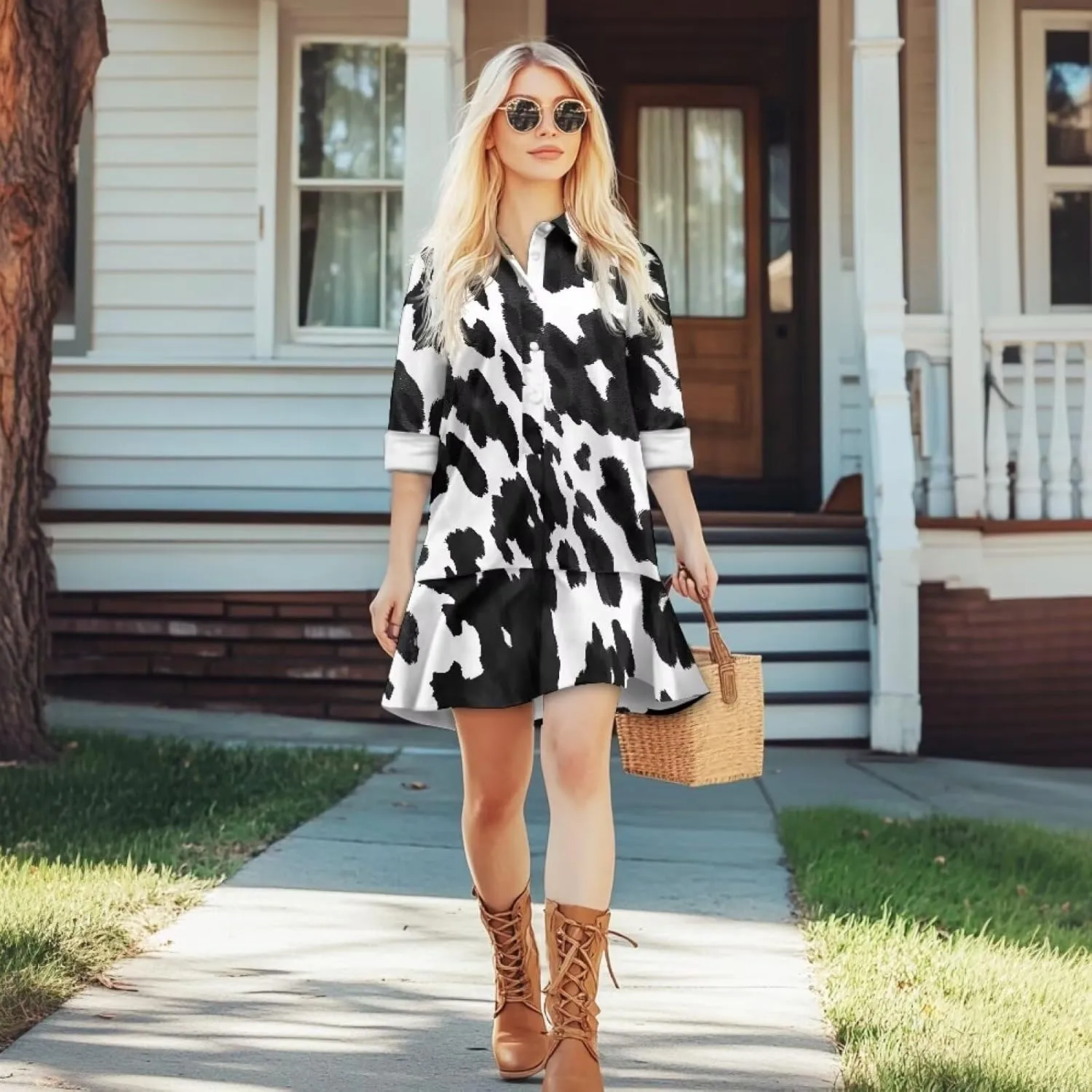Women's Shirt Dress Long Sleeve Button Down Tunic Ruffle Shift Mini Dresses Loose Casual Work Dresses with Pockets