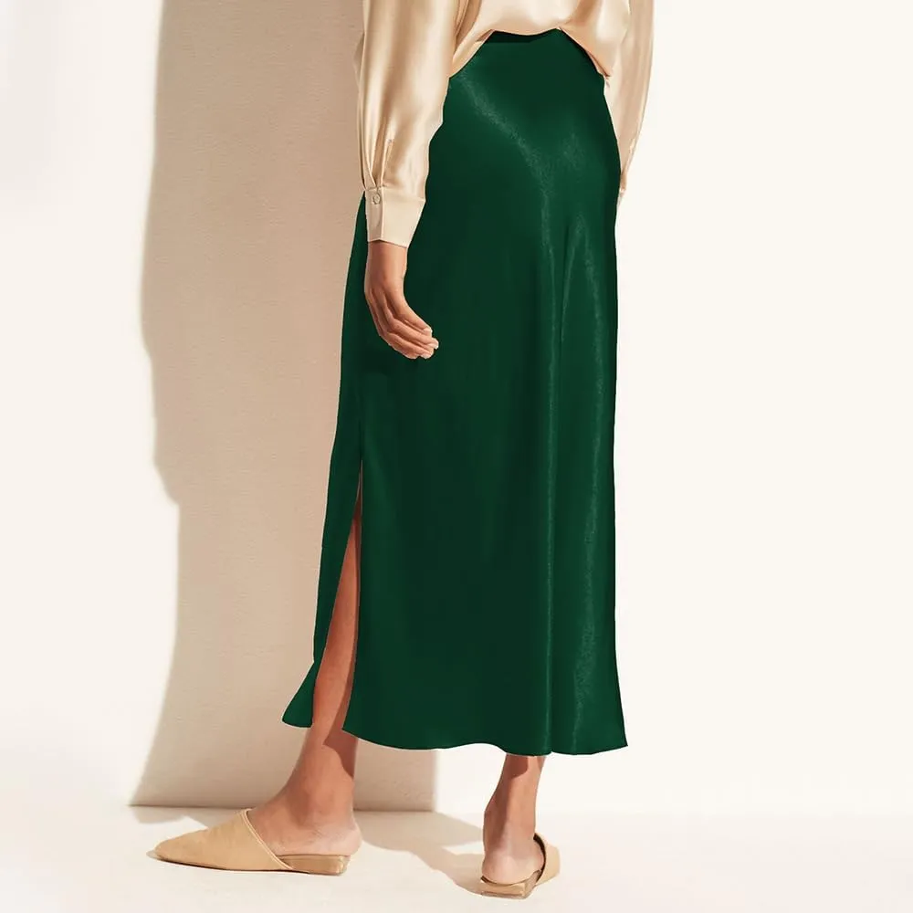 Women's Silk Slip Satin Midi Skirt Dressy Flowy Ruffle Elastic High Waisted Flared Cocktail Party Work A Line Skirts