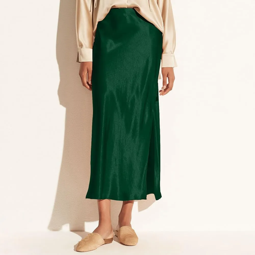 Women's Silk Slip Satin Midi Skirt Dressy Flowy Ruffle Elastic High Waisted Flared Cocktail Party Work A Line Skirts