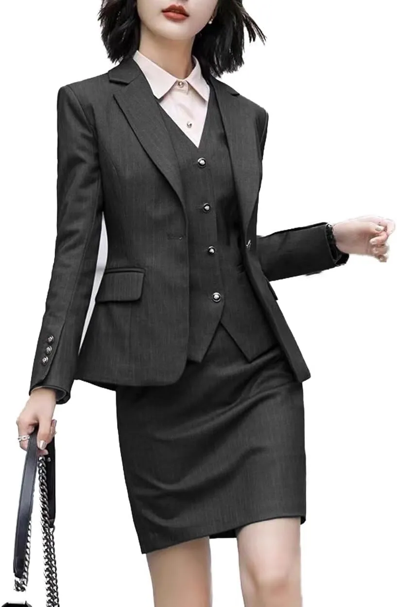 Women's Skirt Suit 3 Piece Striped Suit Lady Petite Business Formal Suit Set Jacket Vest Skirt