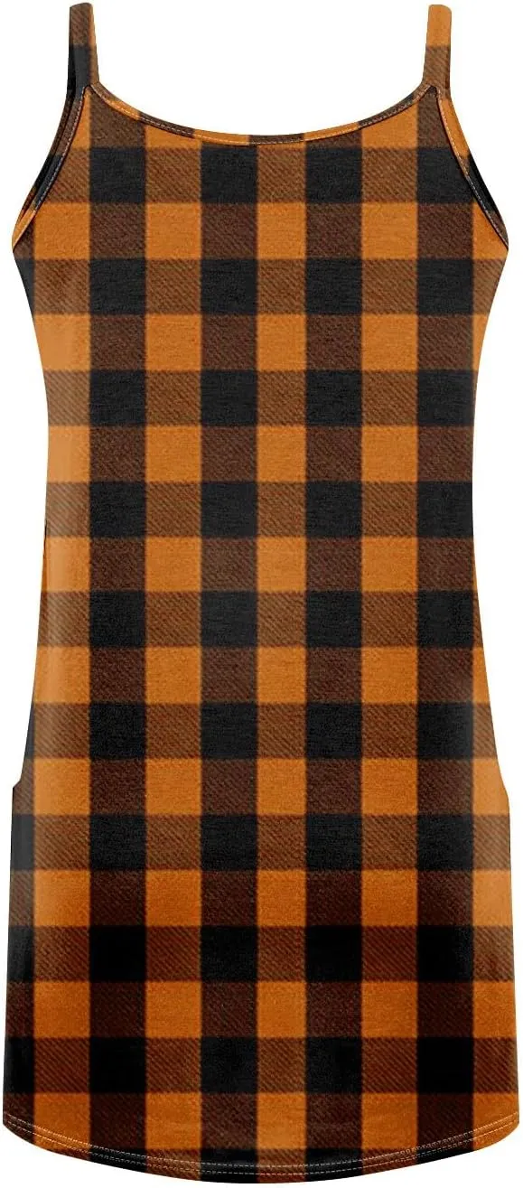 Women's Spaghetti Strap Dress Summer Color Block Print Sleeveless Sundress Casual Vacation Beach Dresses with Pockets