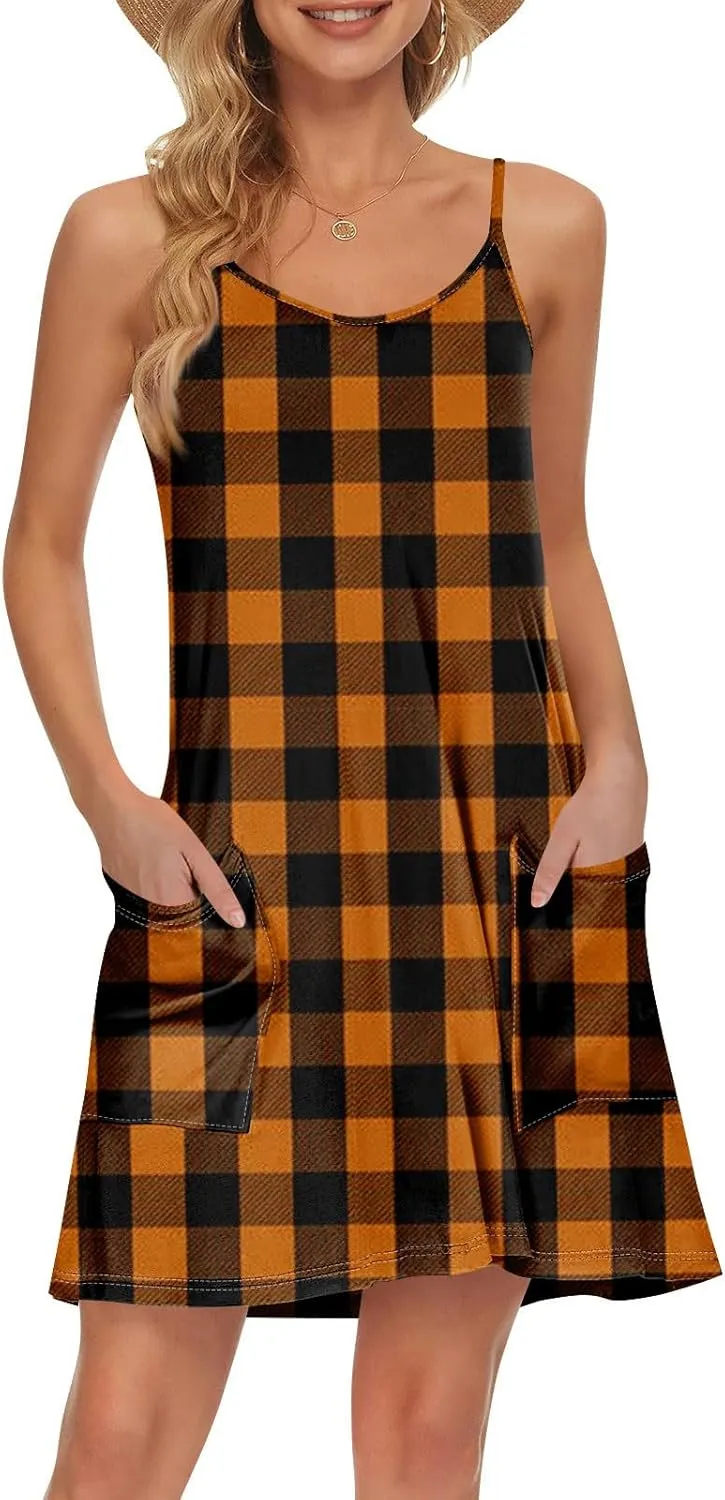 Women's Spaghetti Strap Dress Summer Color Block Print Sleeveless Sundress Casual Vacation Beach Dresses with Pockets
