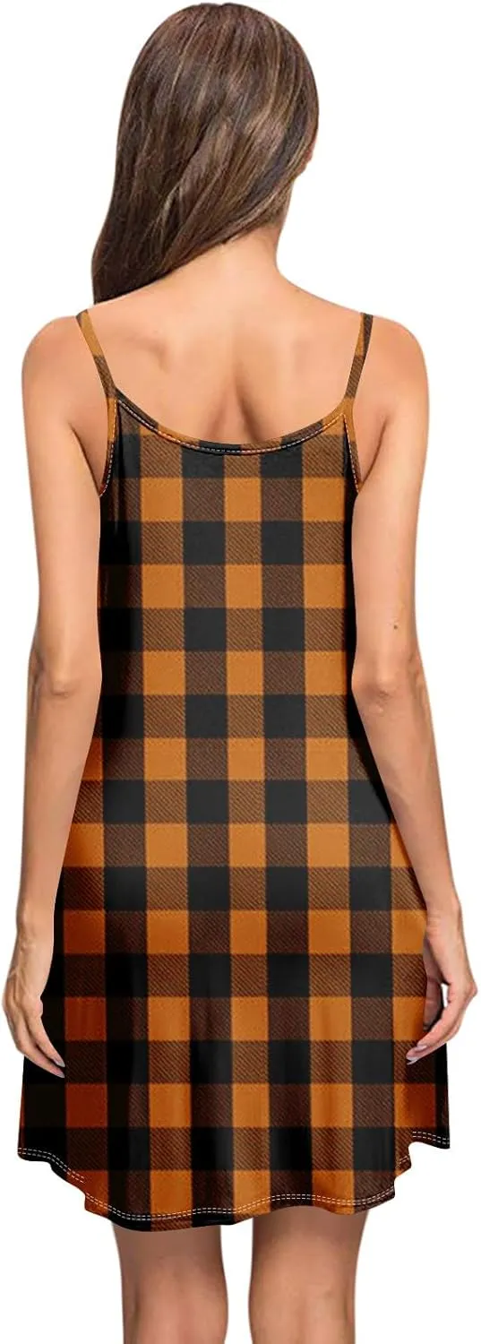 Women's Spaghetti Strap Dress Summer Color Block Print Sleeveless Sundress Casual Vacation Beach Dresses with Pockets