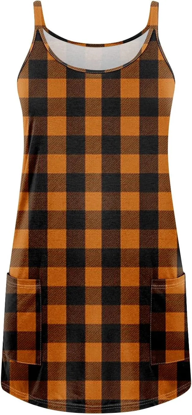 Women's Spaghetti Strap Dress Summer Color Block Print Sleeveless Sundress Casual Vacation Beach Dresses with Pockets