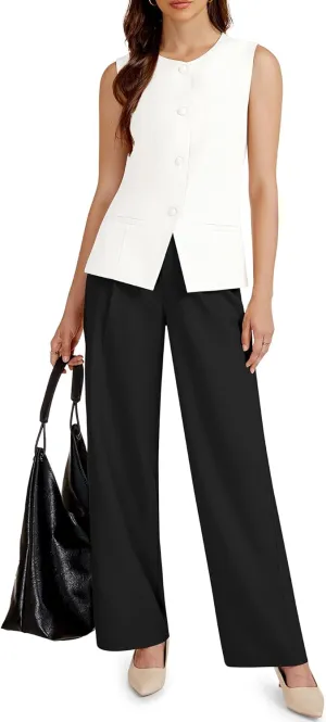 Women's Summer 2 Piece Blazer Outfits Sleeveless Crewneck Vest Wide Leg Pantsuit 2025 Dressy Casual Work Sets