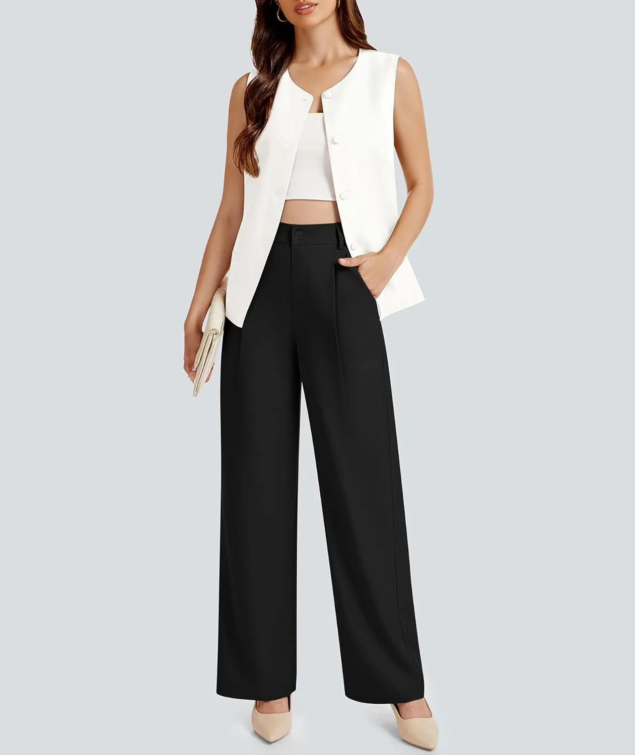 Women's Summer 2 Piece Blazer Outfits Sleeveless Crewneck Vest Wide Leg Pantsuit 2025 Dressy Casual Work Sets