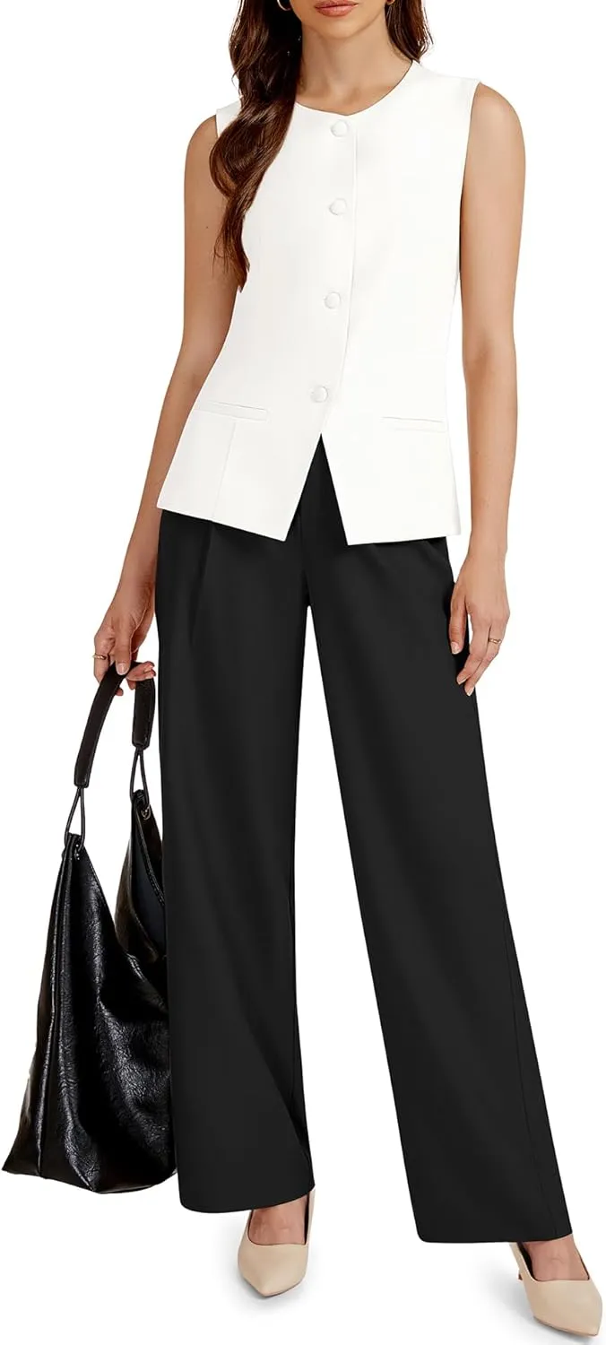 Women's Summer 2 Piece Blazer Outfits Sleeveless Crewneck Vest Wide Leg Pantsuit 2025 Dressy Casual Work Sets