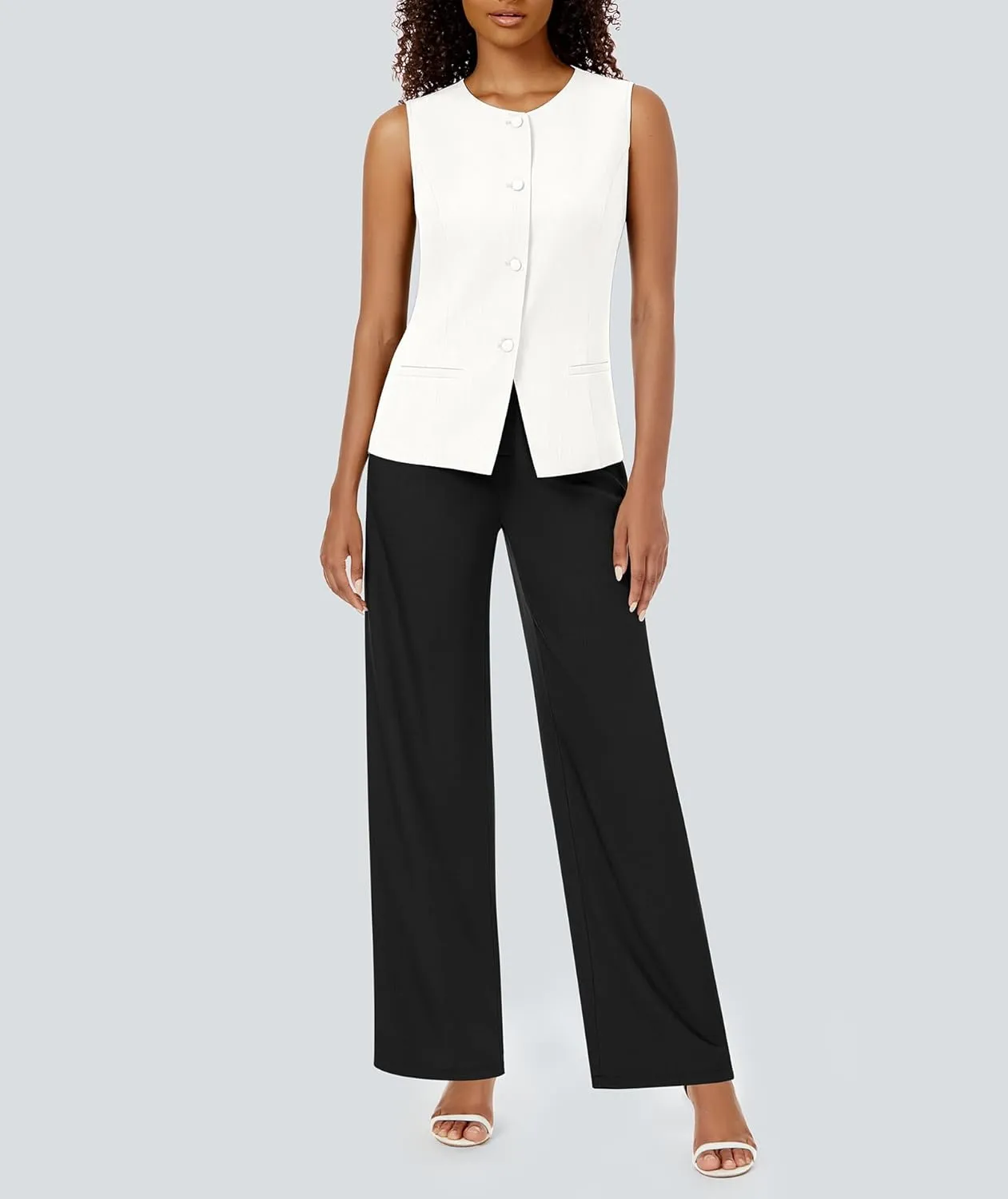 Women's Summer 2 Piece Blazer Outfits Sleeveless Crewneck Vest Wide Leg Pantsuit 2025 Dressy Casual Work Sets