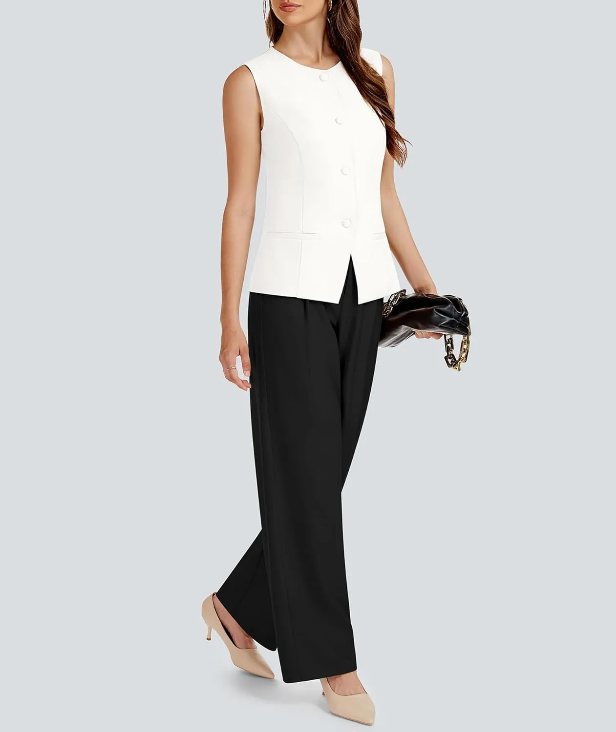 Women's Summer 2 Piece Blazer Outfits Sleeveless Crewneck Vest Wide Leg Pantsuit 2025 Dressy Casual Work Sets