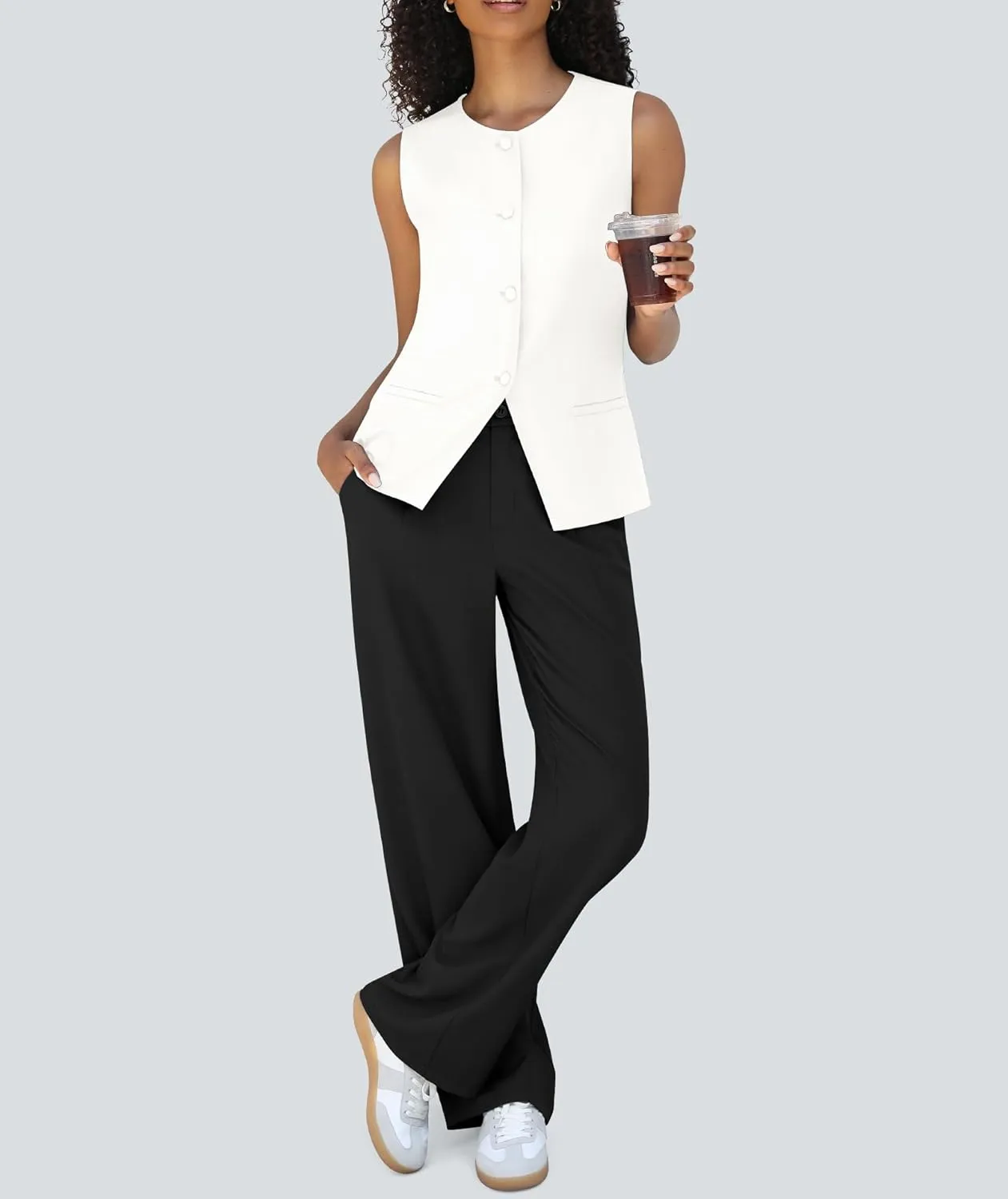 Women's Summer 2 Piece Blazer Outfits Sleeveless Crewneck Vest Wide Leg Pantsuit 2025 Dressy Casual Work Sets