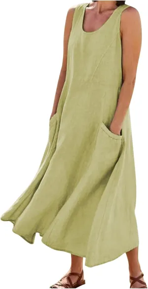 Women's Summer 2022 Casual Fashion Solid Cotton and Short Sleeve Medium Long Dress