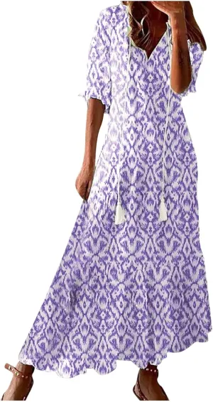 Womens Summer Casual Dressy V Neck 3/4 Sleeve Beach Boho Sundress with Pocket Plus Size Flowy Midi Beach Dress