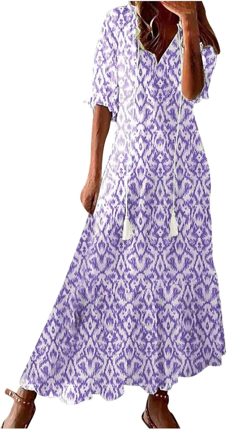 Womens Summer Casual Dressy V Neck 3/4 Sleeve Beach Boho Sundress with Pocket Plus Size Flowy Midi Beach Dress