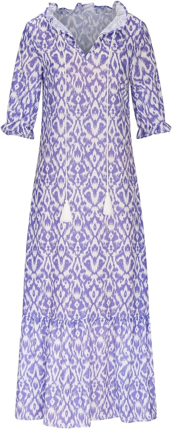 Womens Summer Casual Dressy V Neck 3/4 Sleeve Beach Boho Sundress with Pocket Plus Size Flowy Midi Beach Dress