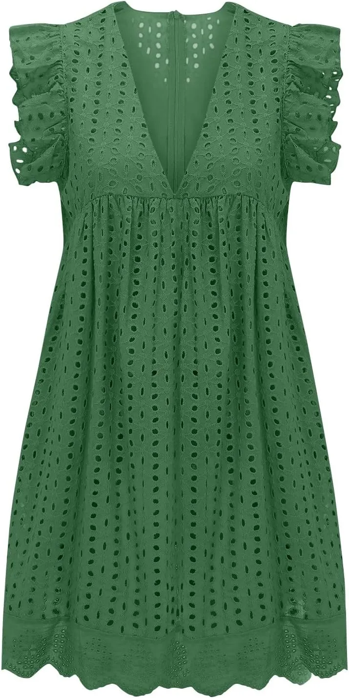 Womens Summer Dresses Cap Sleeve Babydoll Eyelet Ruffle V Neck Mini Dress Plus Size Casual Loose Sundress with Pockets Party