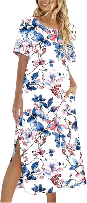 Womens Summer Dresses Casual Boho Floral Print Short Sleeve Midi Sundress Loose Fit Fashion Dress with Pockets