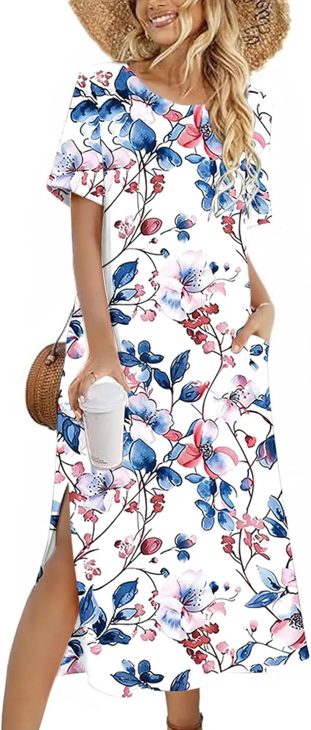 Womens Summer Dresses Casual Boho Floral Print Short Sleeve Midi Sundress Loose Fit Fashion Dress with Pockets