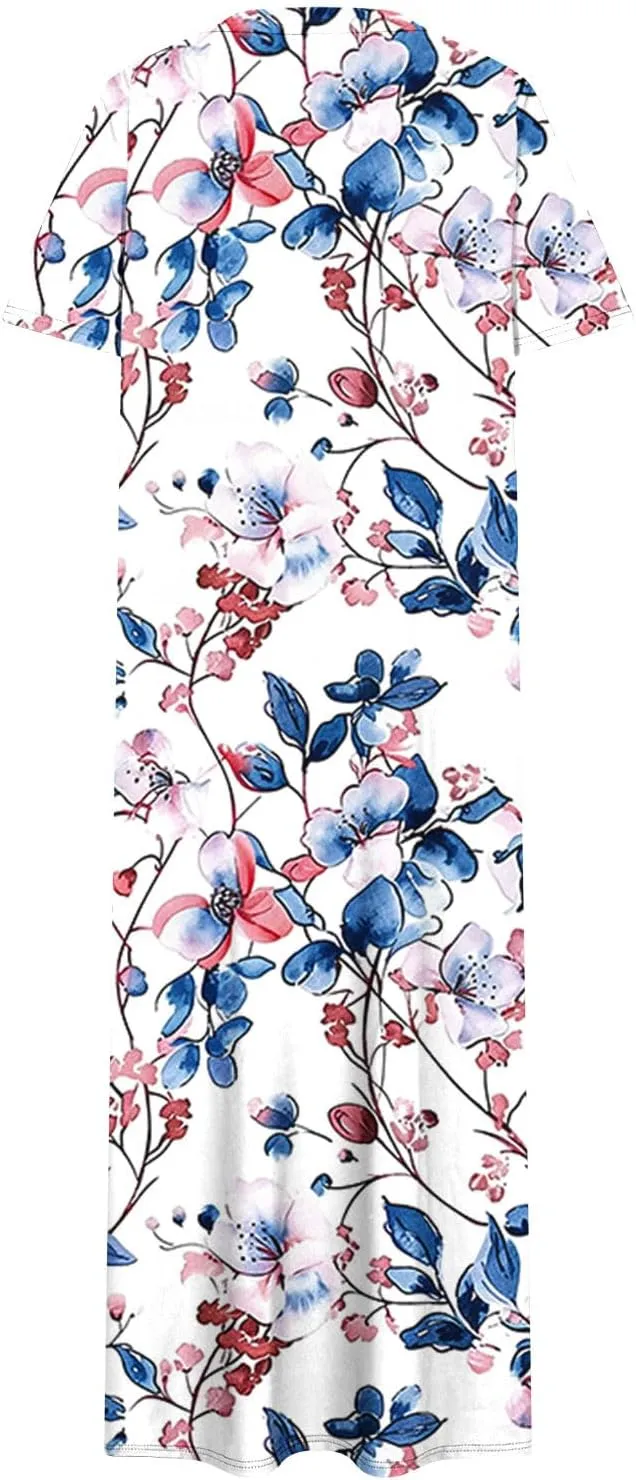 Womens Summer Dresses Casual Boho Floral Print Short Sleeve Midi Sundress Loose Fit Fashion Dress with Pockets