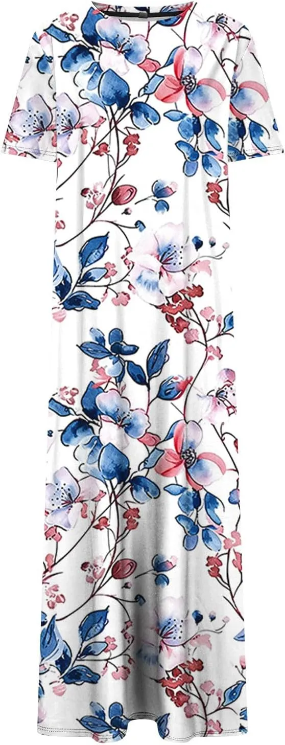Womens Summer Dresses Casual Boho Floral Print Short Sleeve Midi Sundress Loose Fit Fashion Dress with Pockets