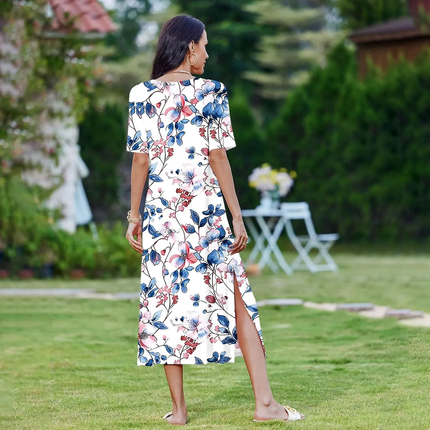 Womens Summer Dresses Casual Boho Floral Print Short Sleeve Midi Sundress Loose Fit Fashion Dress with Pockets