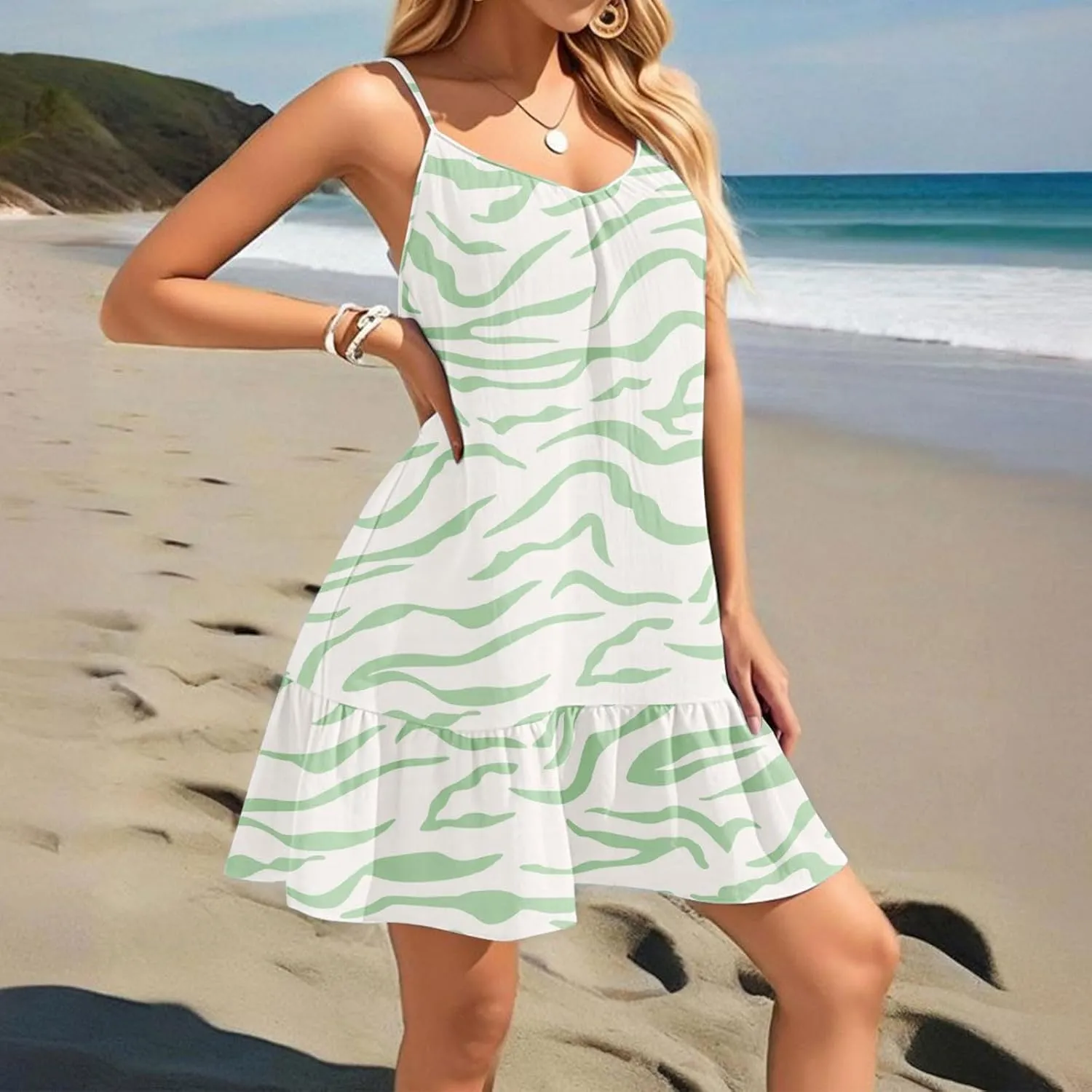 Women's Summer Floral Mini Dresses, Spaghetti Strap Cold Shoulder Ruffle Hem Swimsuits Beach Cover Up Sundress
