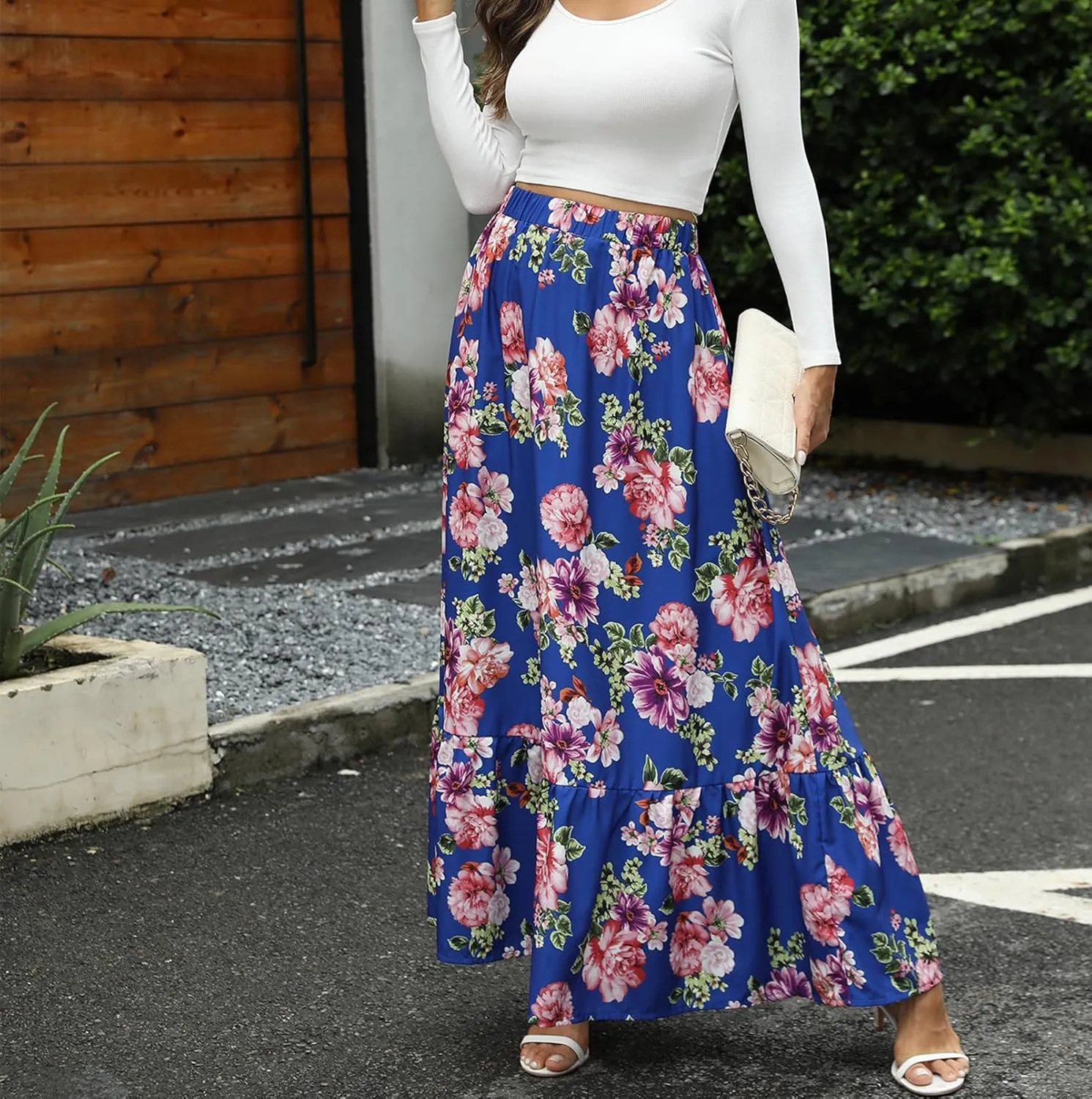 Womens Summer High Waisted Boho Floral Print Midi Skirts A-Line Elastic Waist Pleated Flowy Swing Midi Skirt
