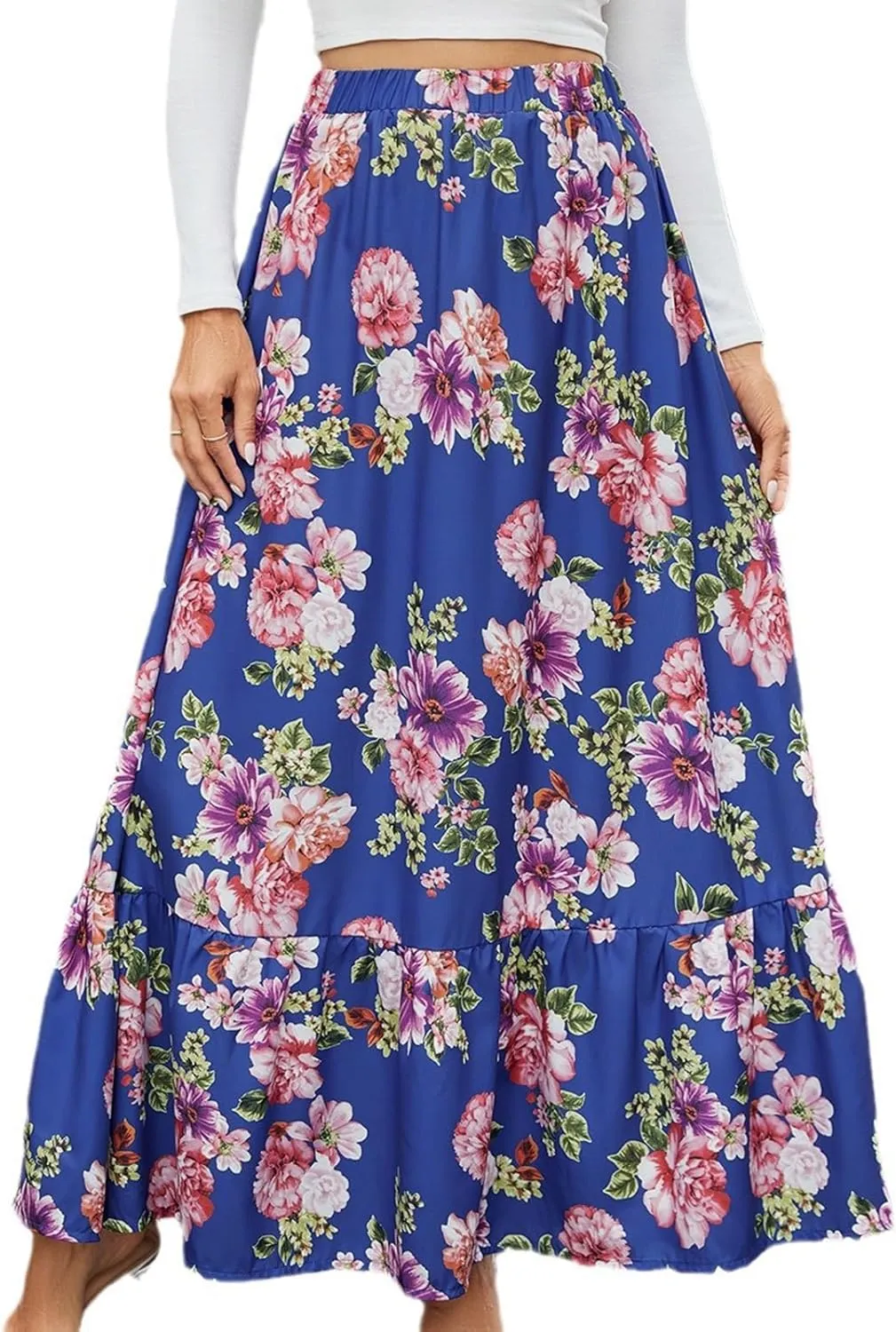 Womens Summer High Waisted Boho Floral Print Midi Skirts A-Line Elastic Waist Pleated Flowy Swing Midi Skirt