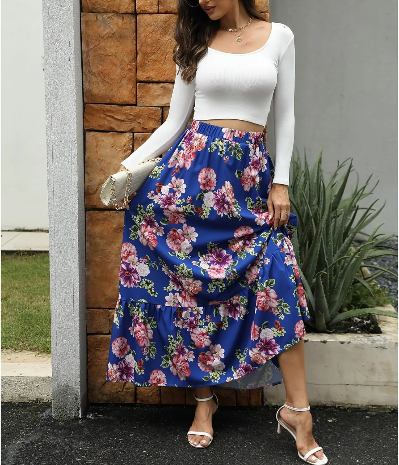 Womens Summer High Waisted Boho Floral Print Midi Skirts A-Line Elastic Waist Pleated Flowy Swing Midi Skirt