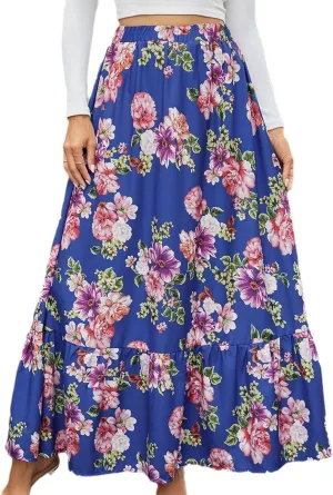 Womens Summer High Waisted Boho Floral Print Midi Skirts A-Line Elastic Waist Pleated Flowy Swing Midi Skirt