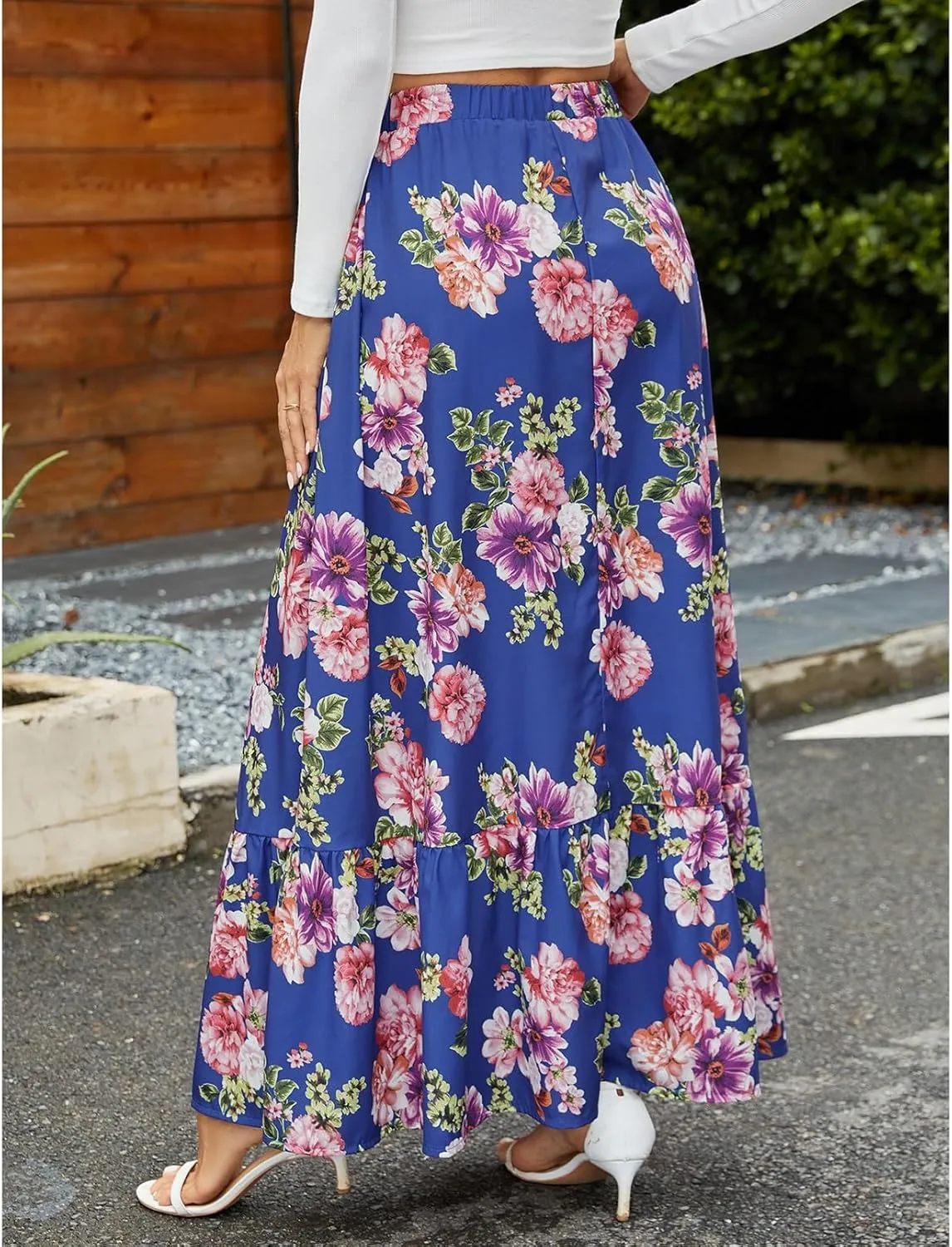 Womens Summer High Waisted Boho Floral Print Midi Skirts A-Line Elastic Waist Pleated Flowy Swing Midi Skirt