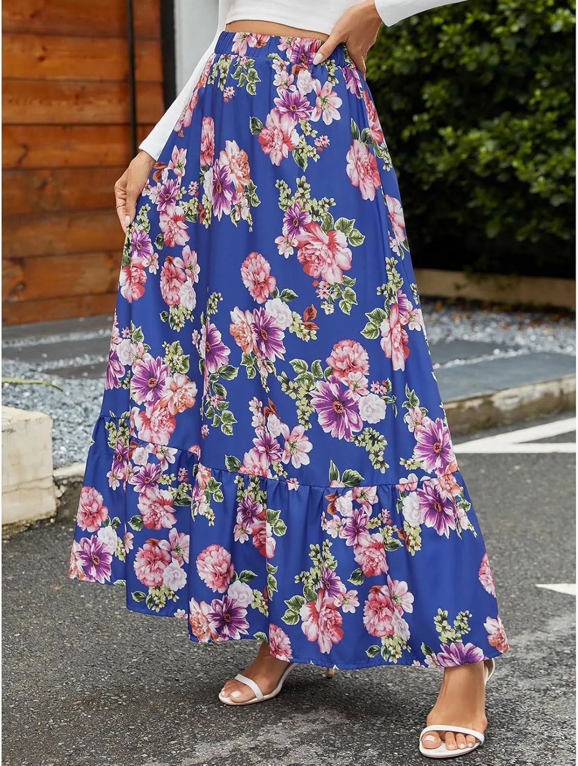 Womens Summer High Waisted Boho Floral Print Midi Skirts A-Line Elastic Waist Pleated Flowy Swing Midi Skirt
