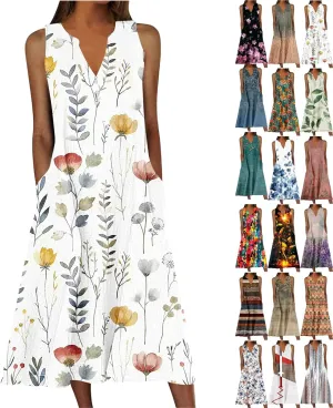 Women's Summer Maxi Dress Vintage Floral Print Graphic Long Dresses V Neck Sleeveless Flowy Swing Casual Beach Dress