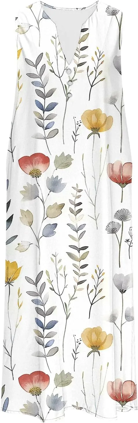 Women's Summer Maxi Dress Vintage Floral Print Graphic Long Dresses V Neck Sleeveless Flowy Swing Casual Beach Dress