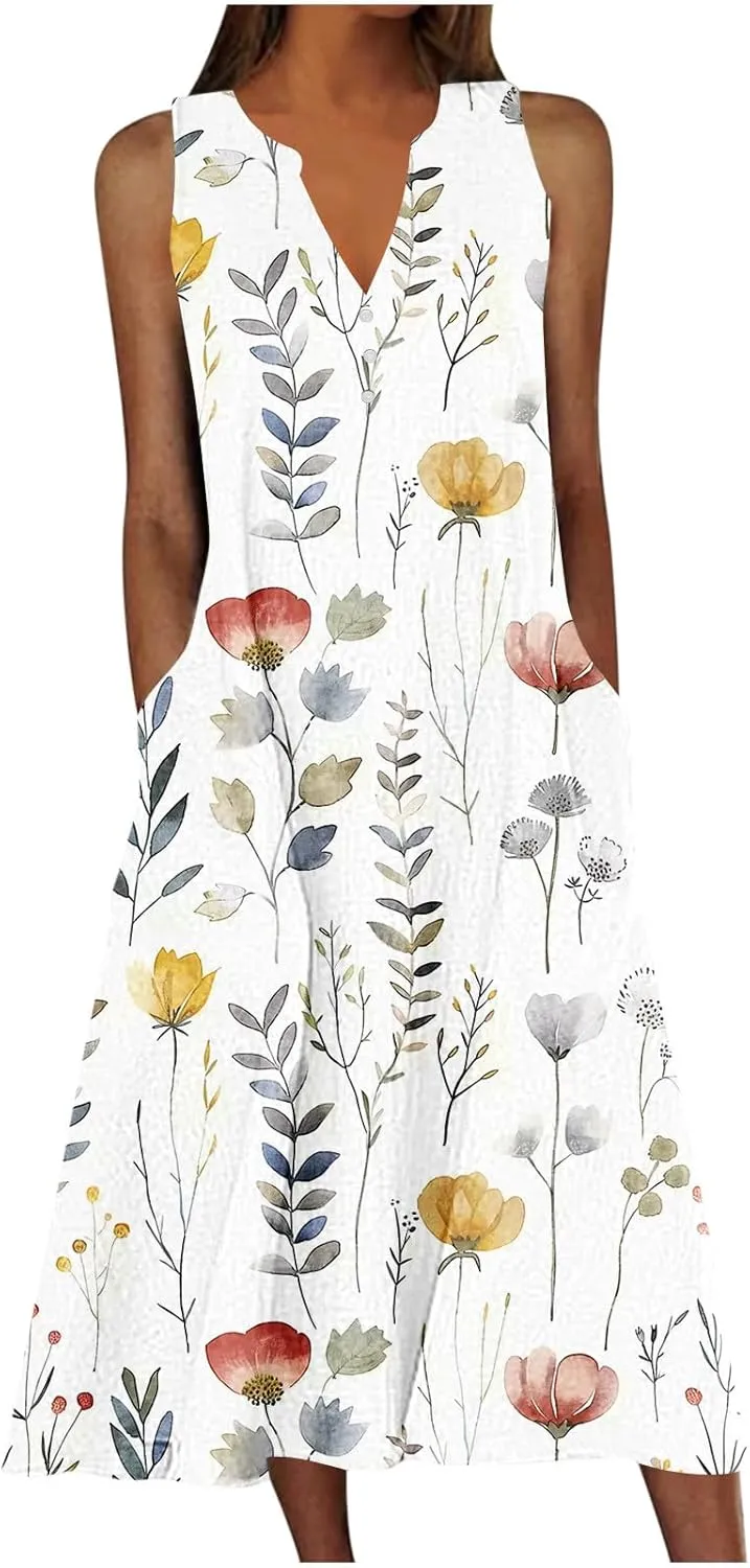 Women's Summer Maxi Dress Vintage Floral Print Graphic Long Dresses V Neck Sleeveless Flowy Swing Casual Beach Dress