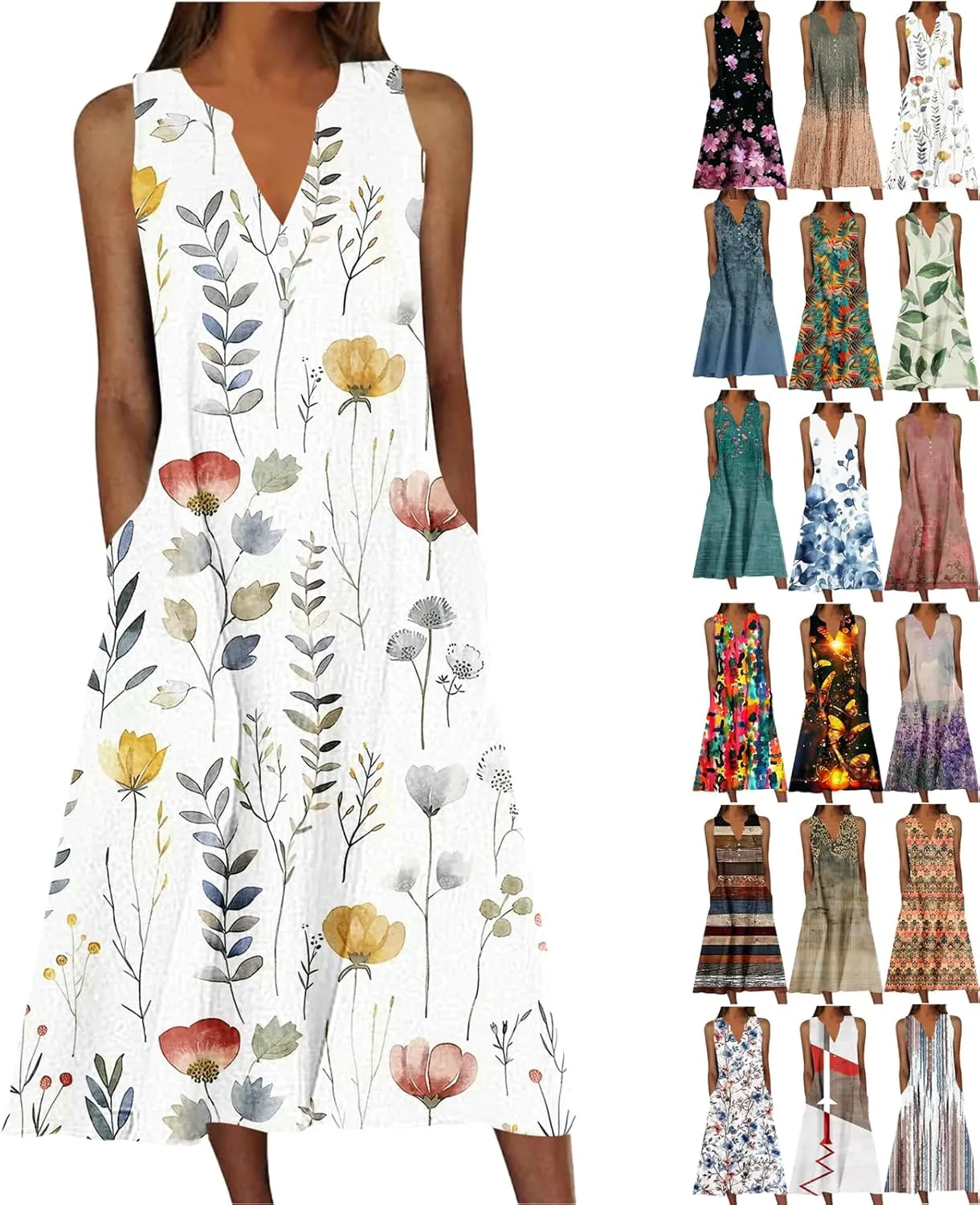 Women's Summer Maxi Dress Vintage Floral Print Graphic Long Dresses V Neck Sleeveless Flowy Swing Casual Beach Dress