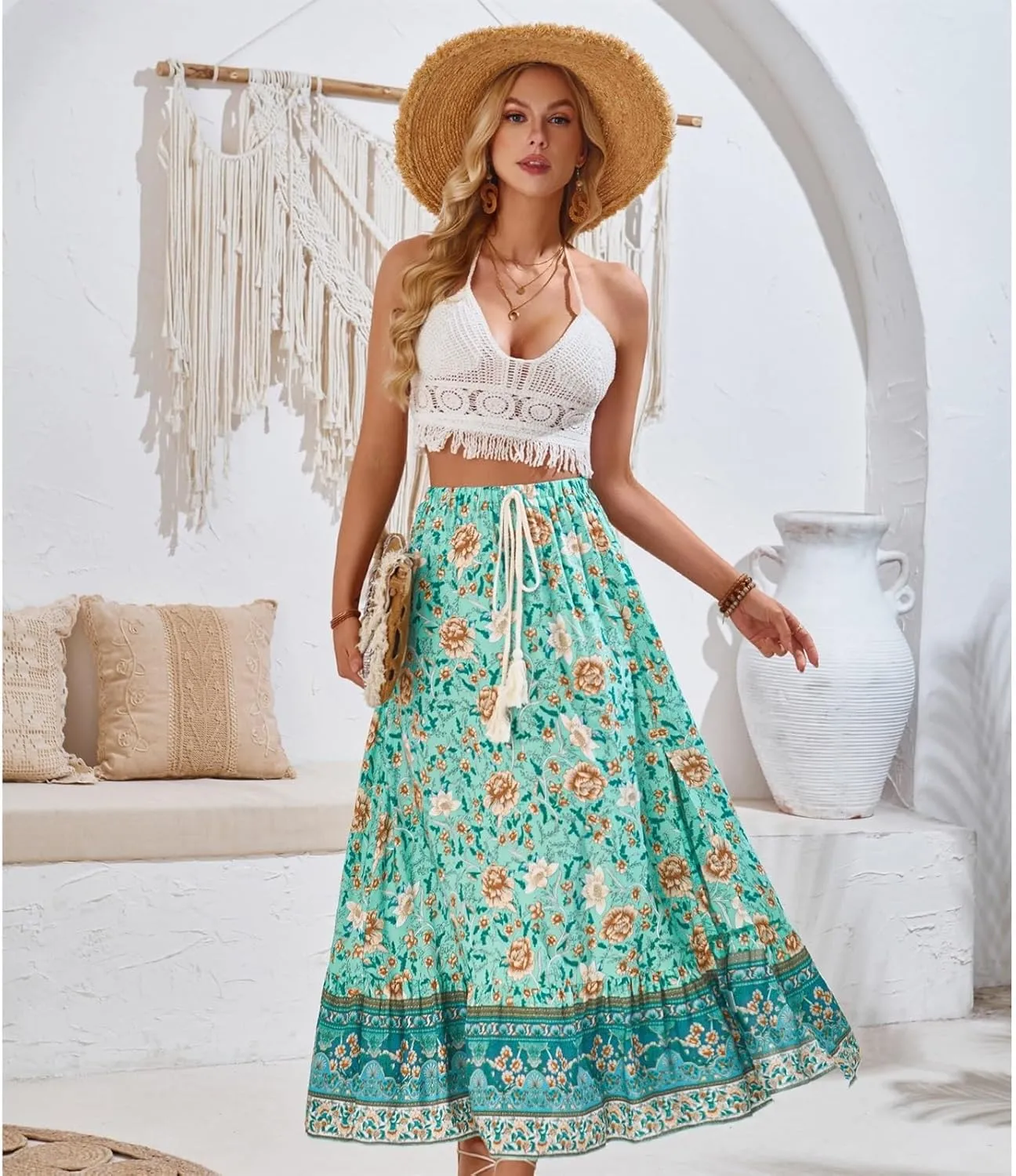 Women's Summer Skirt High Waist Flowy A Line Boho Skirt Maxi Skirt