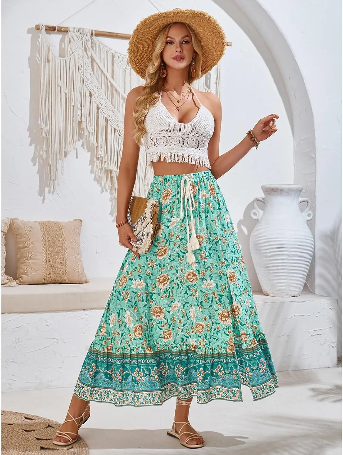 Women's Summer Skirt High Waist Flowy A Line Boho Skirt Maxi Skirt