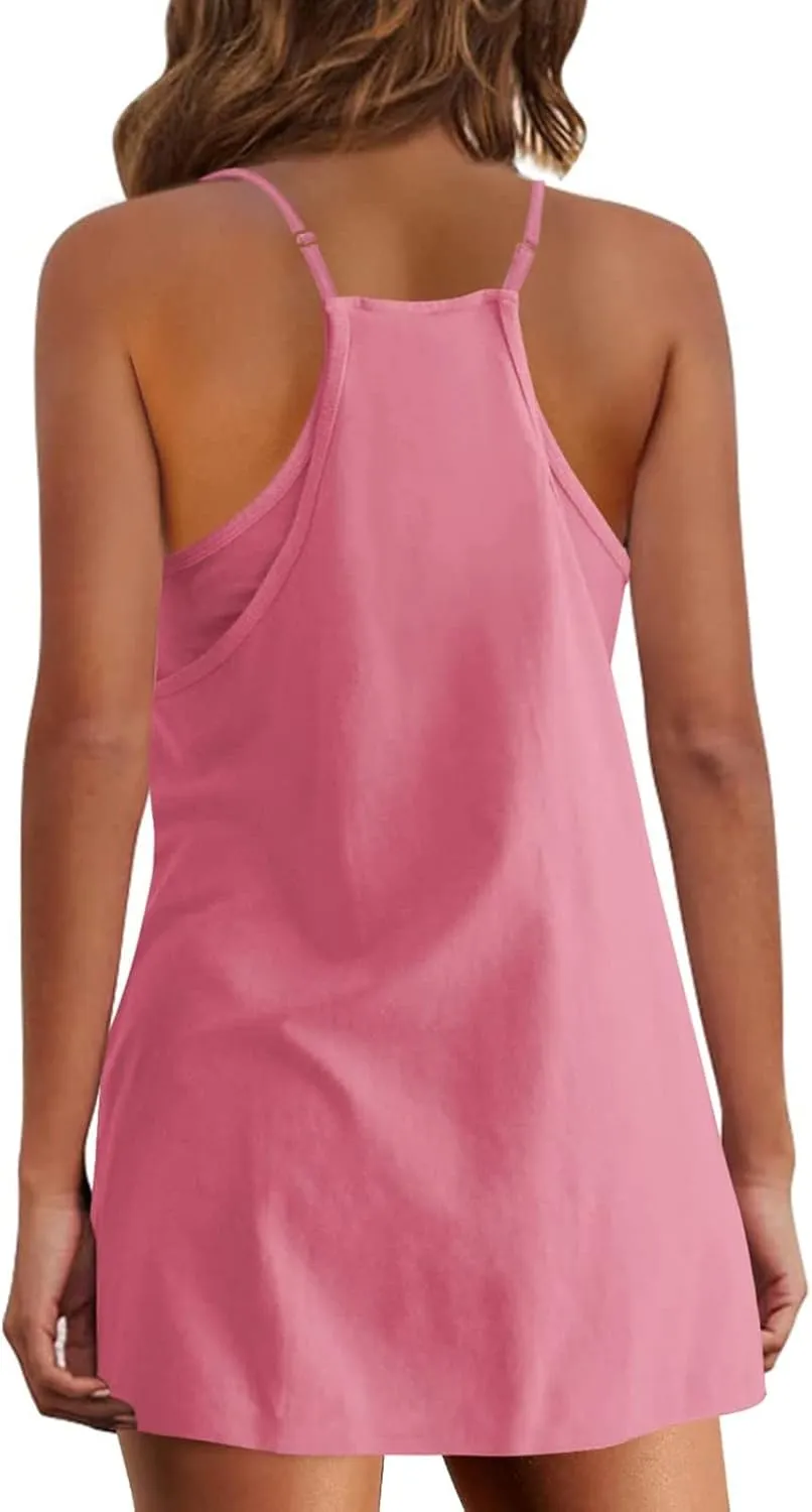 Womens Two Piece Summer Sets Sleeveless V Neck Mini Dress Spaghetti Strap Sundress Athletic Shorts with Pockets