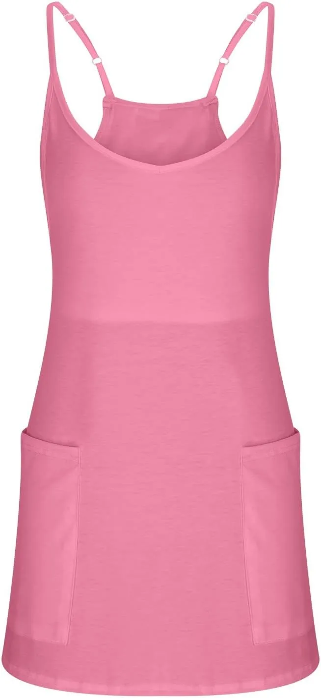 Womens Two Piece Summer Sets Sleeveless V Neck Mini Dress Spaghetti Strap Sundress Athletic Shorts with Pockets