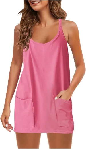 Womens Two Piece Summer Sets Sleeveless V Neck Mini Dress Spaghetti Strap Sundress Athletic Shorts with Pockets