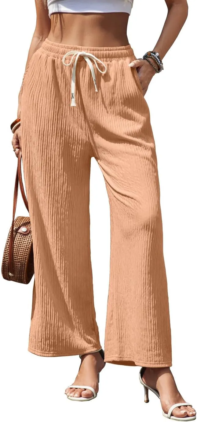 Womens Wide Leg Elastic Waisted Pants Palazzo Trousers Adjustable Drawstring Casual Long Pleated Pants with Pockets