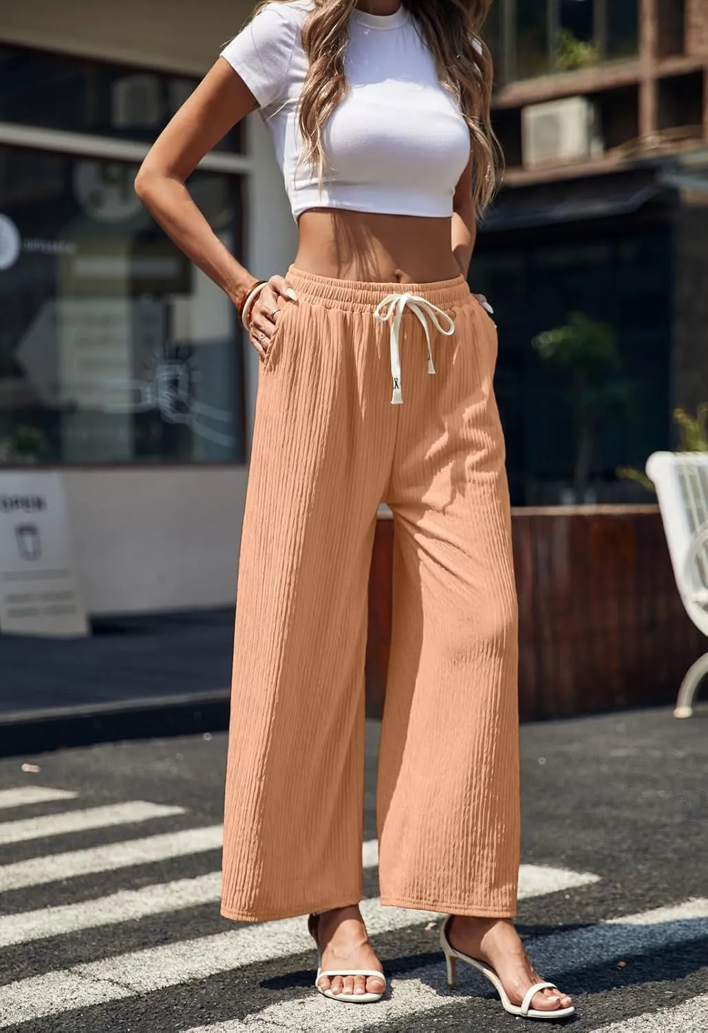Womens Wide Leg Elastic Waisted Pants Palazzo Trousers Adjustable Drawstring Casual Long Pleated Pants with Pockets