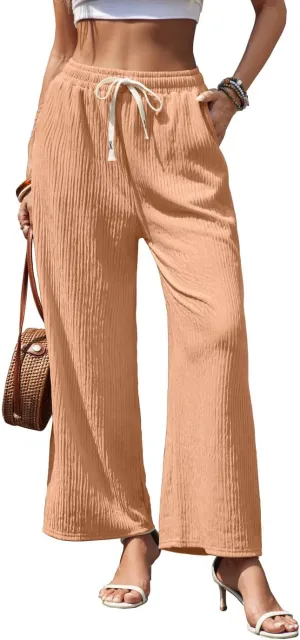 Womens Wide Leg Elastic Waisted Pants Palazzo Trousers Adjustable Drawstring Casual Long Pleated Pants with Pockets