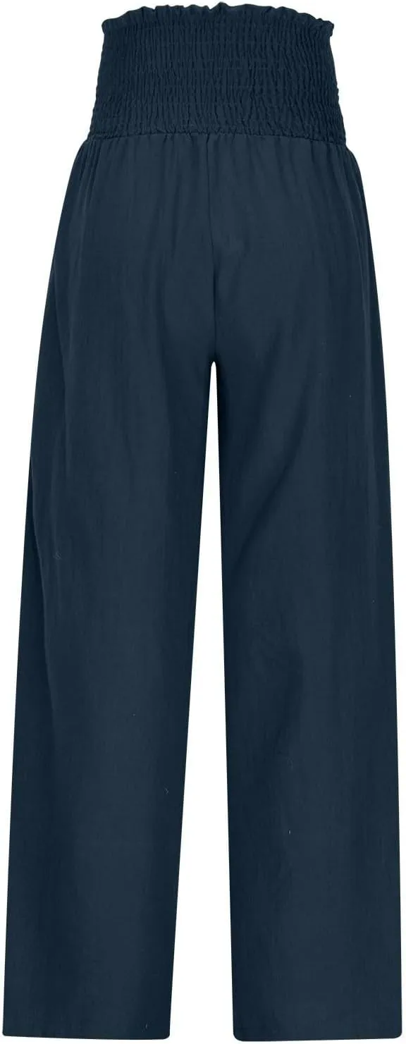 Women's Wide Leg Pants Casual Solid Elastic High Waist Pleated Linen Pants Trendy Spring Trousers with Pockets