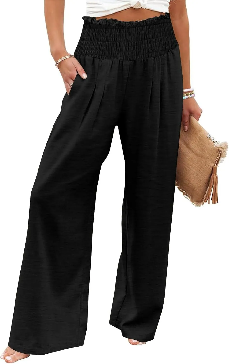 Women's Wide Leg Pants Casual Solid Elastic High Waist Pleated Linen Pants Trendy Spring Trousers with Pockets