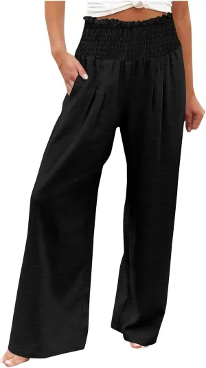 Women's Wide Leg Pants Casual Solid Elastic High Waist Pleated Linen Pants Trendy Spring Trousers with Pockets